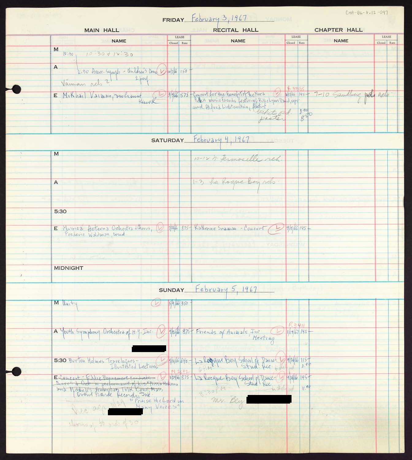 Carnegie Hall Booking Ledger, volume 12, page 47