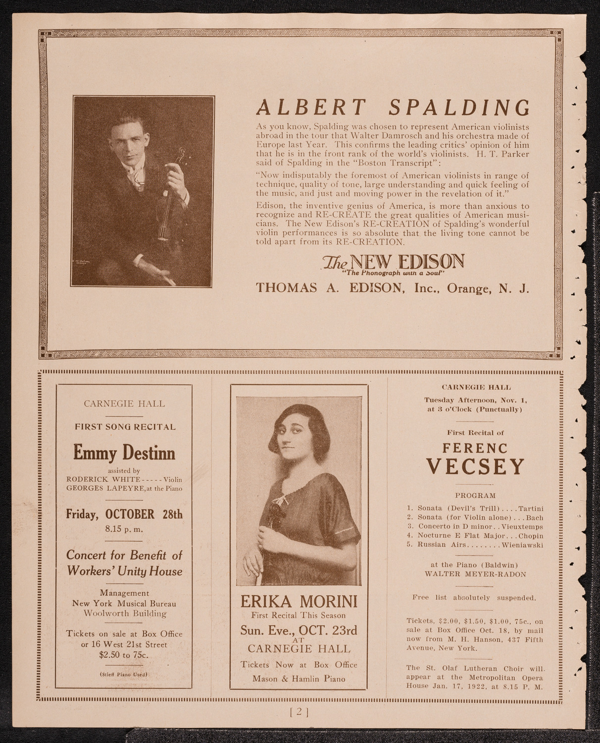 Josef Stopak, Violin, October 16, 1921, program page 2