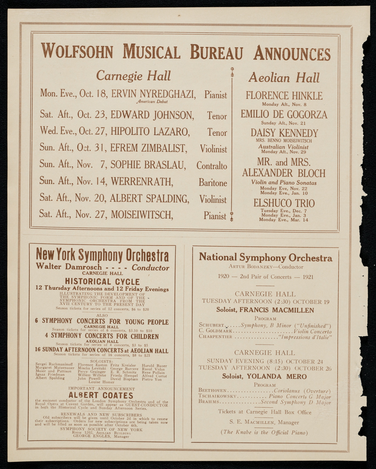 National Symphony Orchestra, October 17, 1920, program page 8