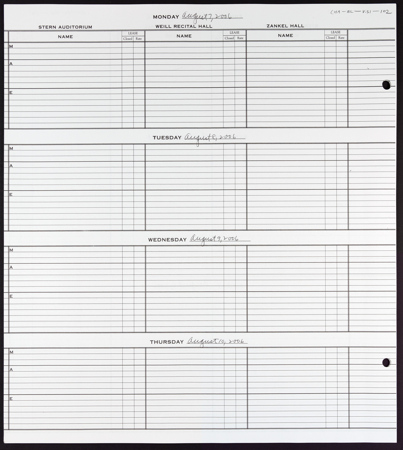 Carnegie Hall Booking Ledger, volume 51, page 102