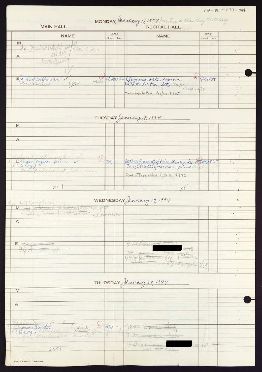 Carnegie Hall Booking Ledger, volume 39, page 44