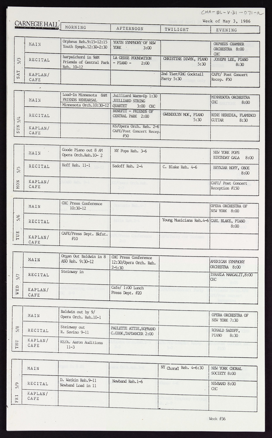 Carnegie Hall Booking Ledger, volume 31, page 71a