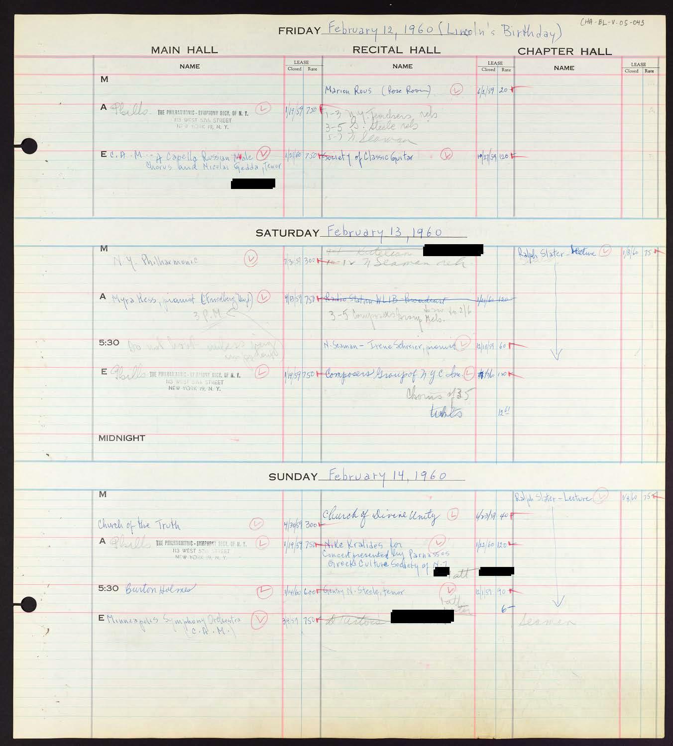 Carnegie Hall Booking Ledger, volume 5, page 43