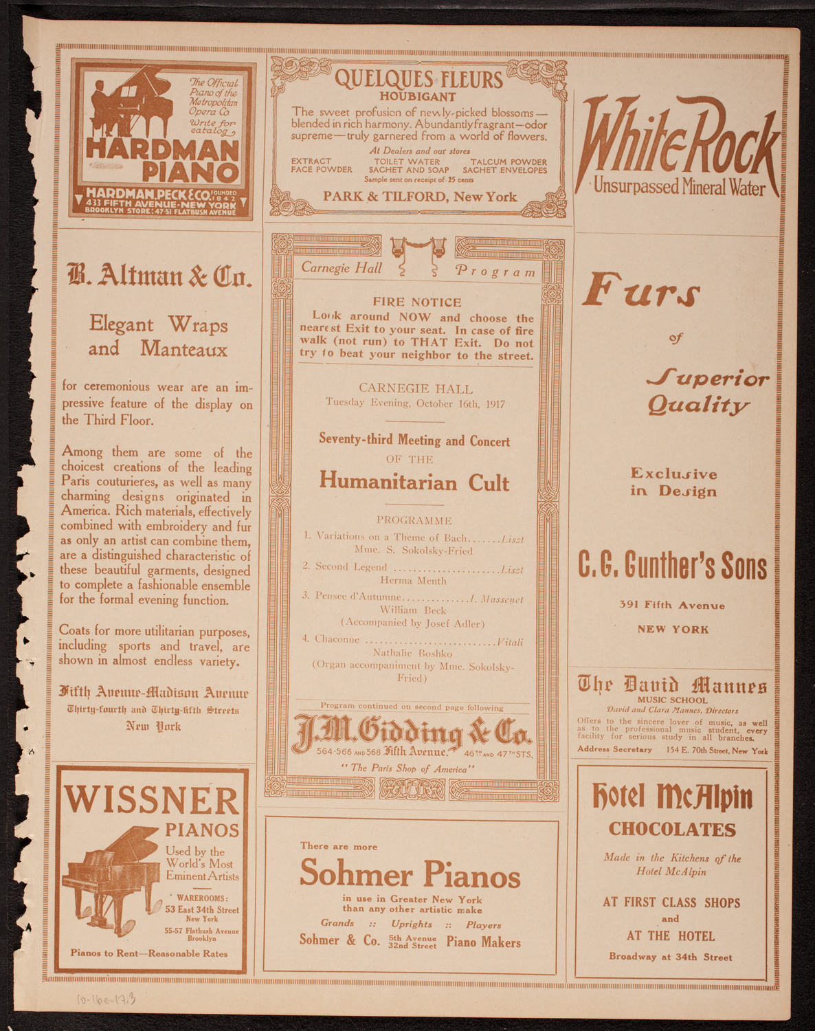 Meeting: The Humanitarian Cult, October 16, 1917, program page 5