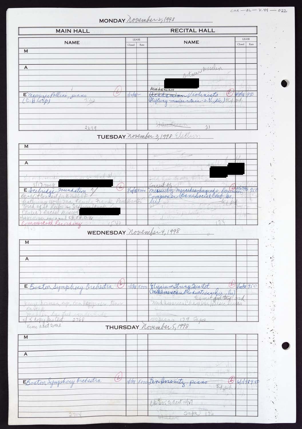 Carnegie Hall Booking Ledger, volume 44, page 22