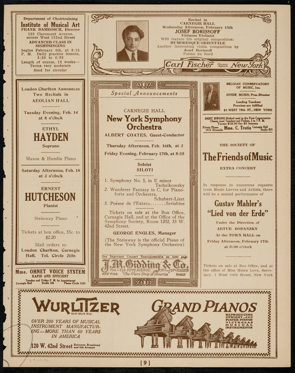 New York Philharmonic, February 9, 1922, program page 9