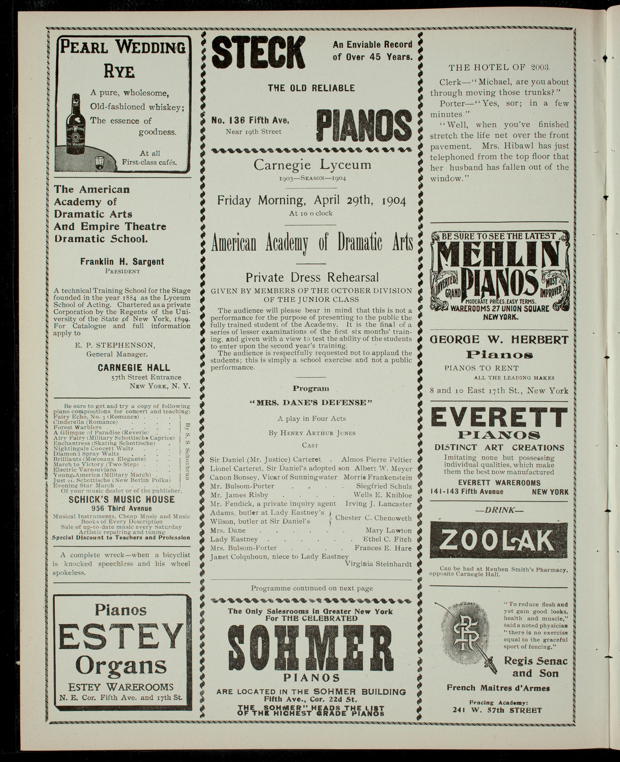 American Academy of the Dramatic Arts, April 29, 1904, program page 2