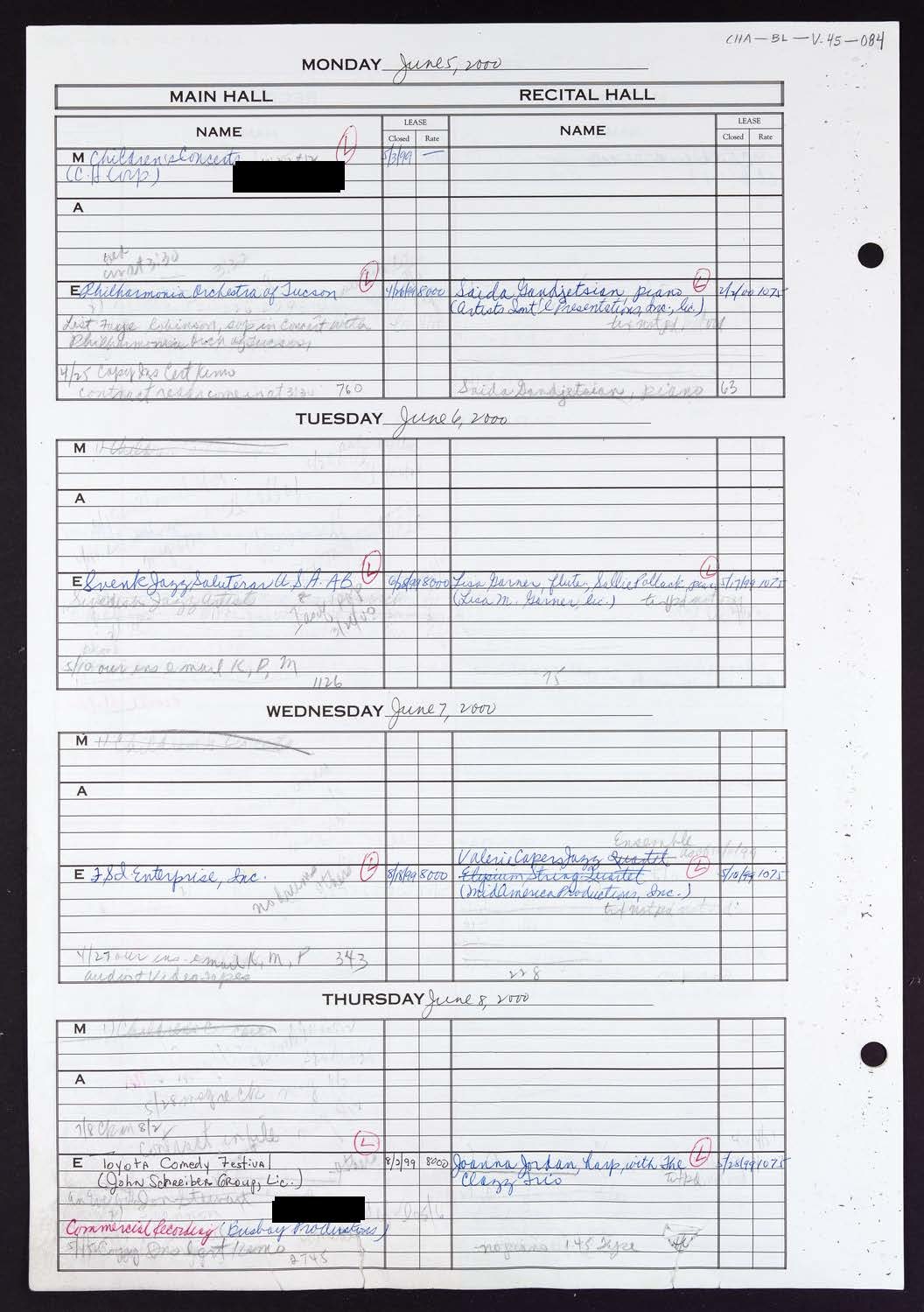 Carnegie Hall Booking Ledger, volume 45, page 84