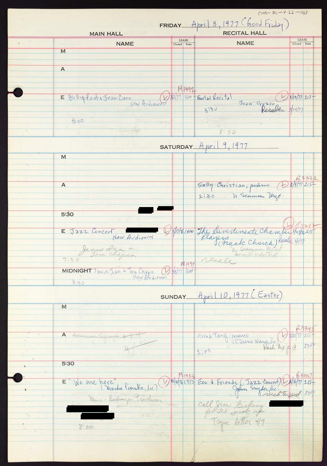 Carnegie Hall Booking Ledger, volume 22, page 65