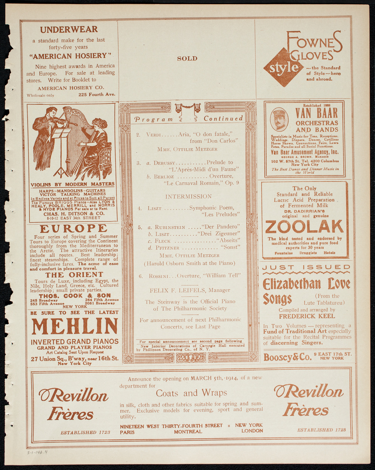 New York Philharmonic, March 1, 1914, program page 7
