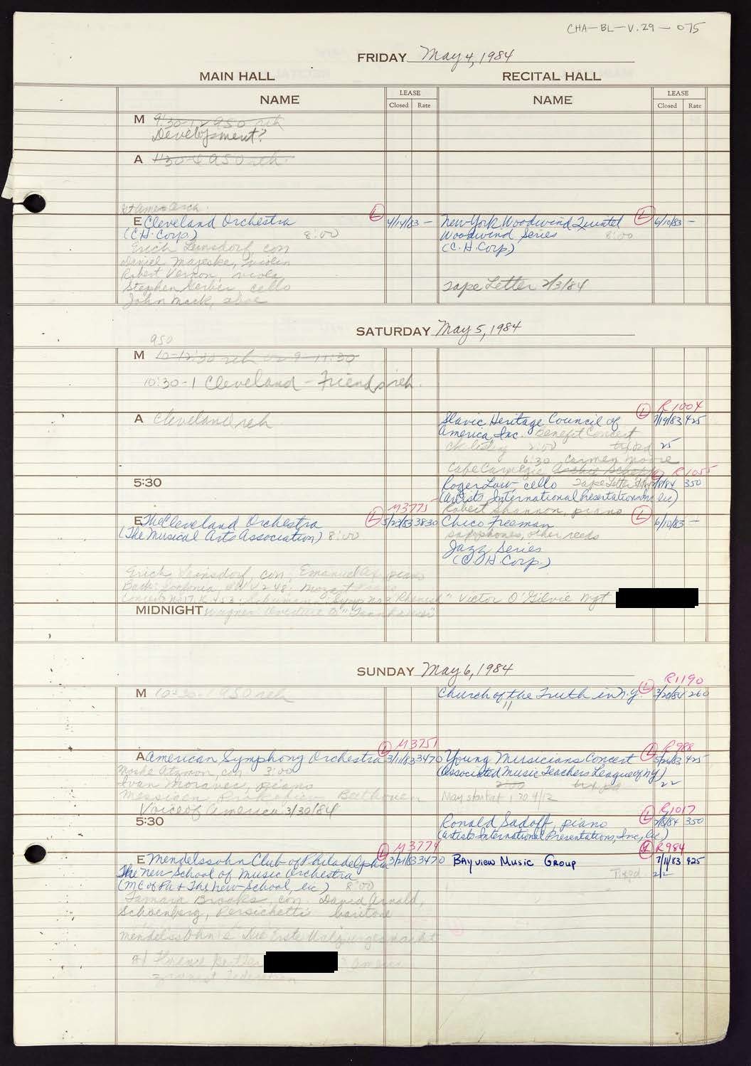 Carnegie Hall Booking Ledger, volume 29, page 75