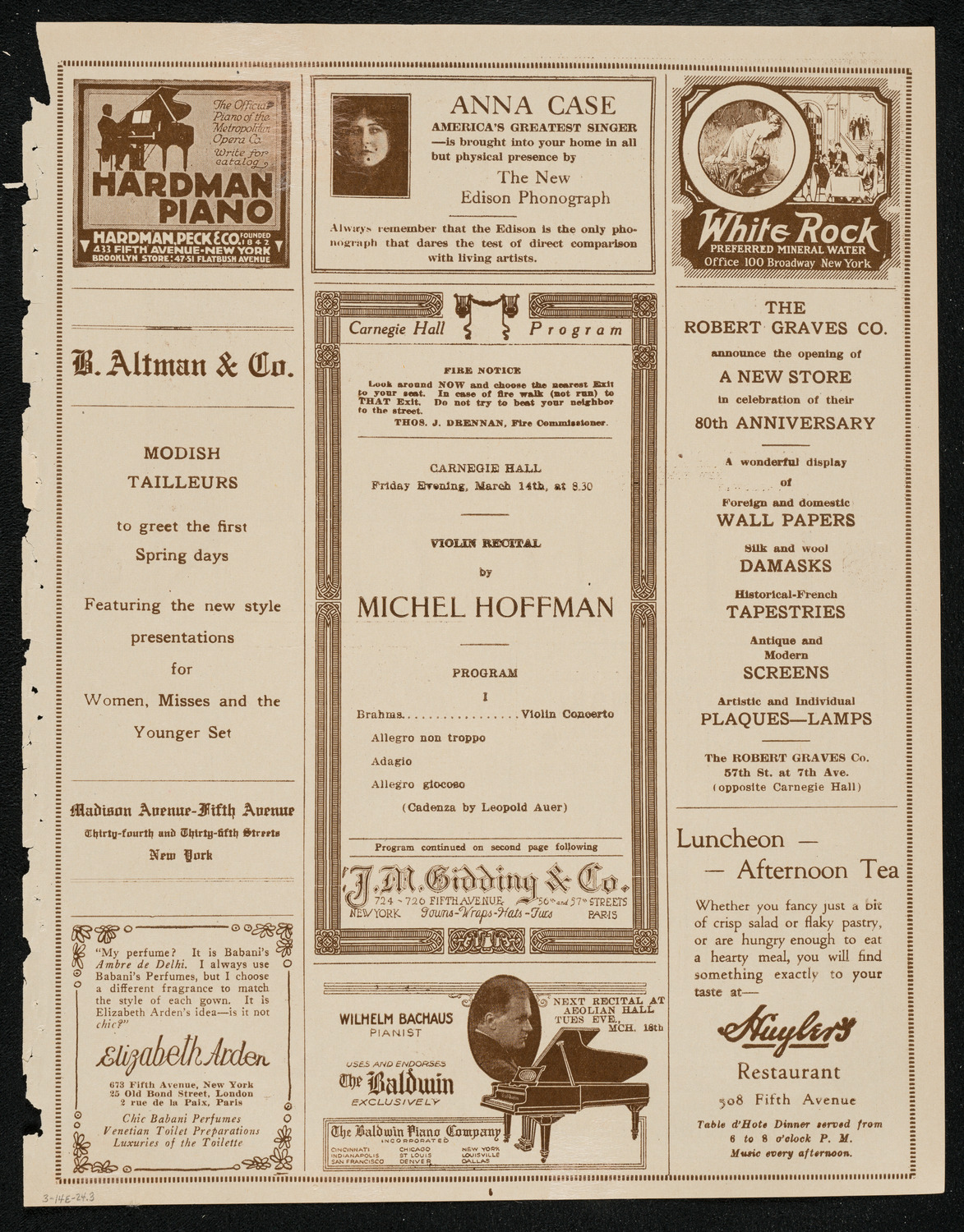 Michel Hoffman, Violin, March 14, 1924, program page 5