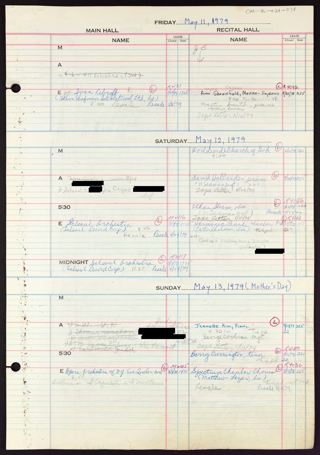 Carnegie Hall Booking Ledger, volume 24, page 75