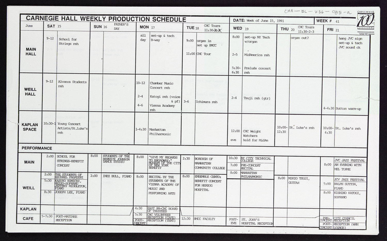 Carnegie Hall Booking Ledger, volume 36, page 85a