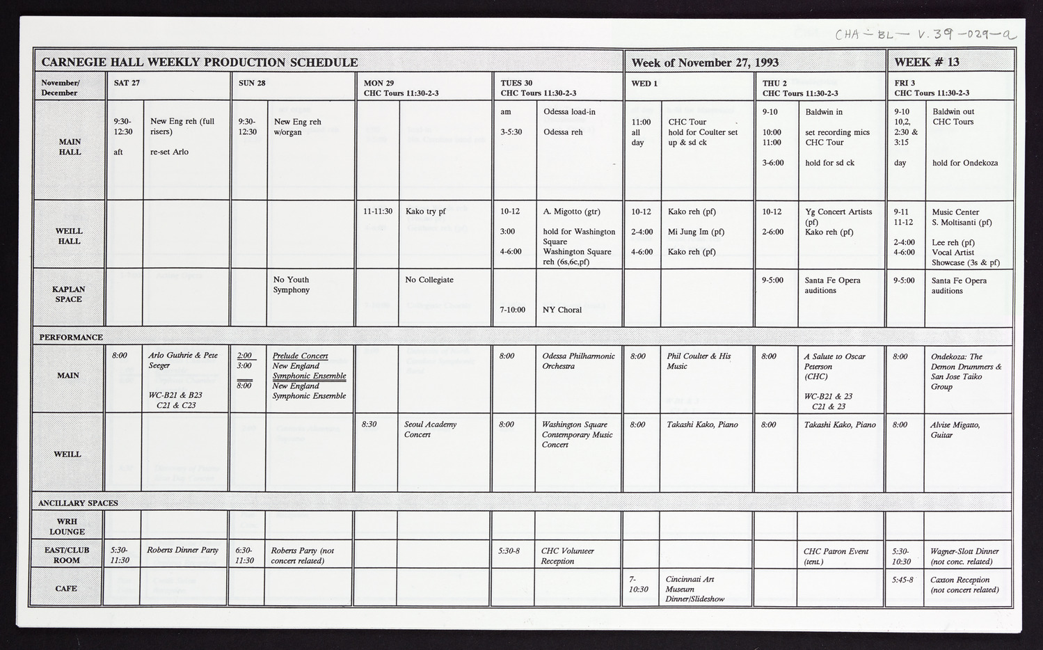 Carnegie Hall Booking Ledger, volume 39, page 29a