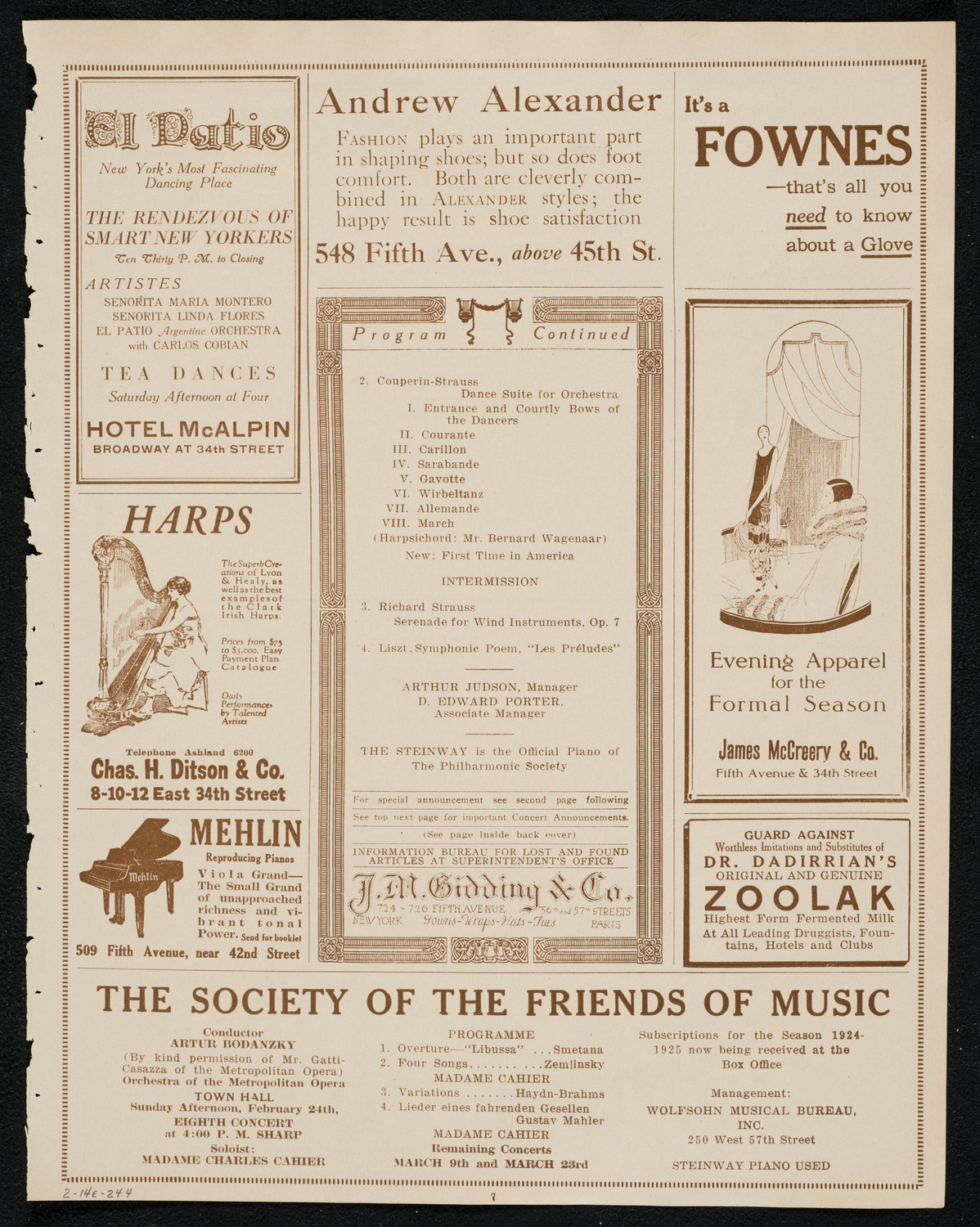 New York Philharmonic, February 14, 1924, program page 7