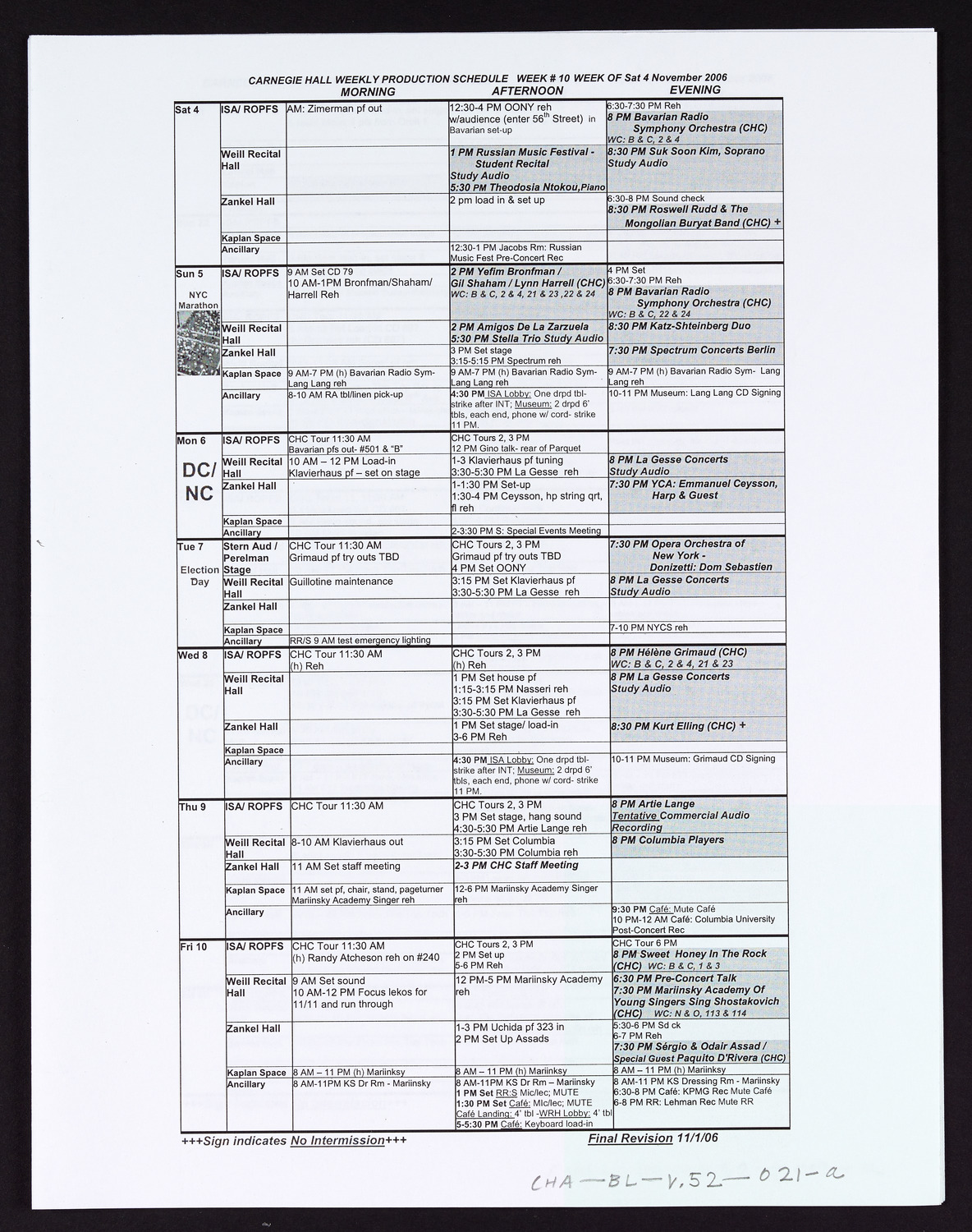 Carnegie Hall Booking Ledger, volume 52, page 21a