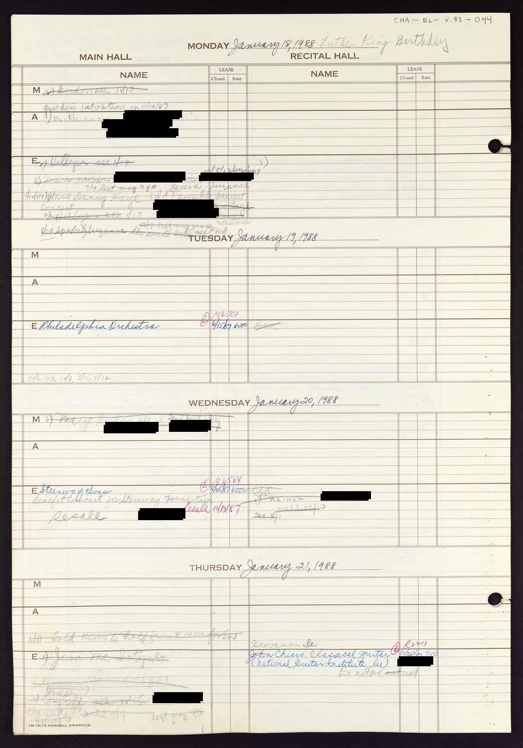 Carnegie Hall Booking Ledger, volume 33, page 44