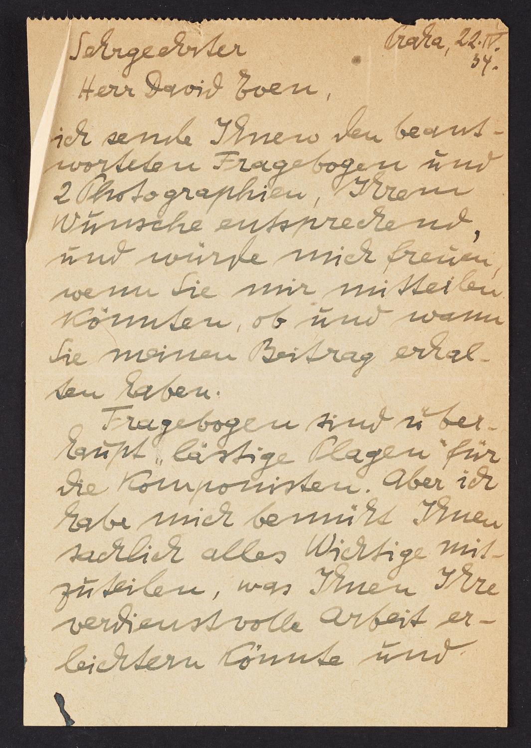 Correspondence from Alois Haba to David Ewen, page 1 of 6