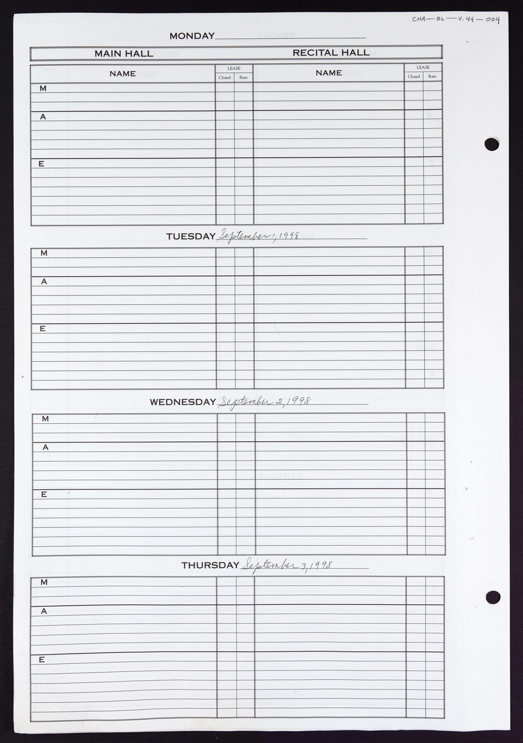 Carnegie Hall Booking Ledger, volume 44, page 4