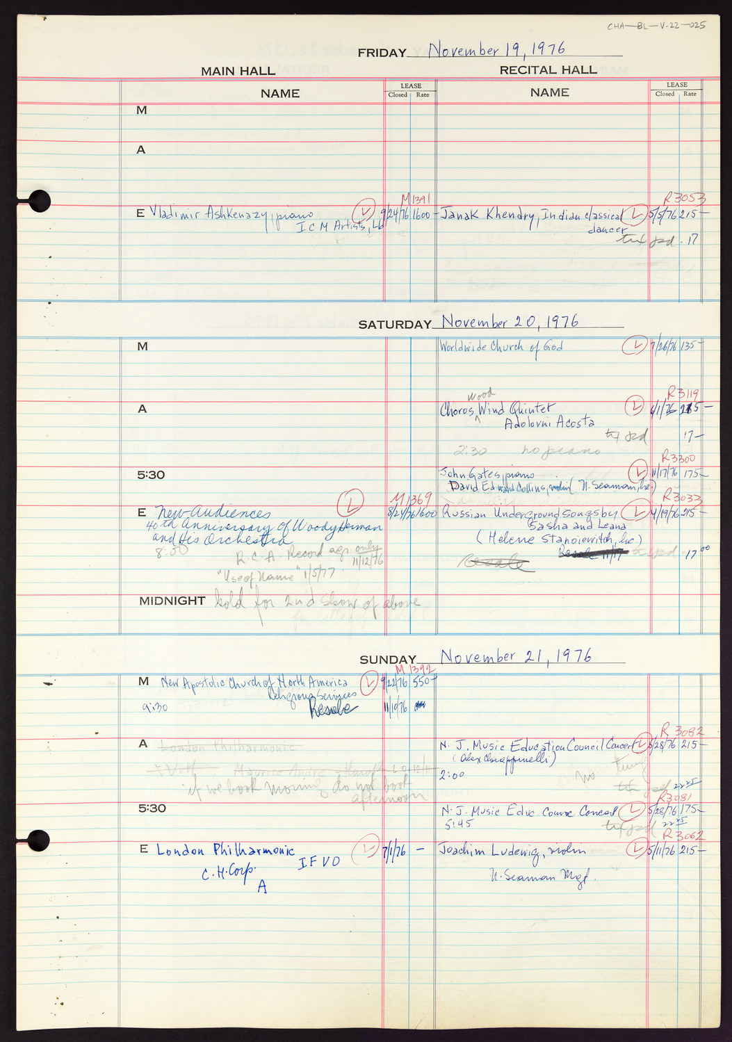 Carnegie Hall Booking Ledger, volume 22, page 25