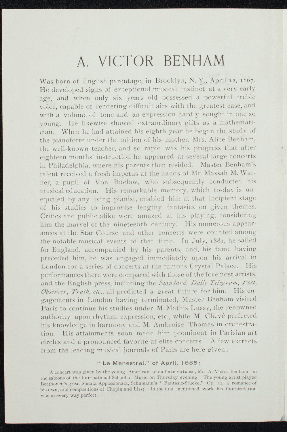 A. Victor Benham with Orchestra, April 21, 1891, program page 2