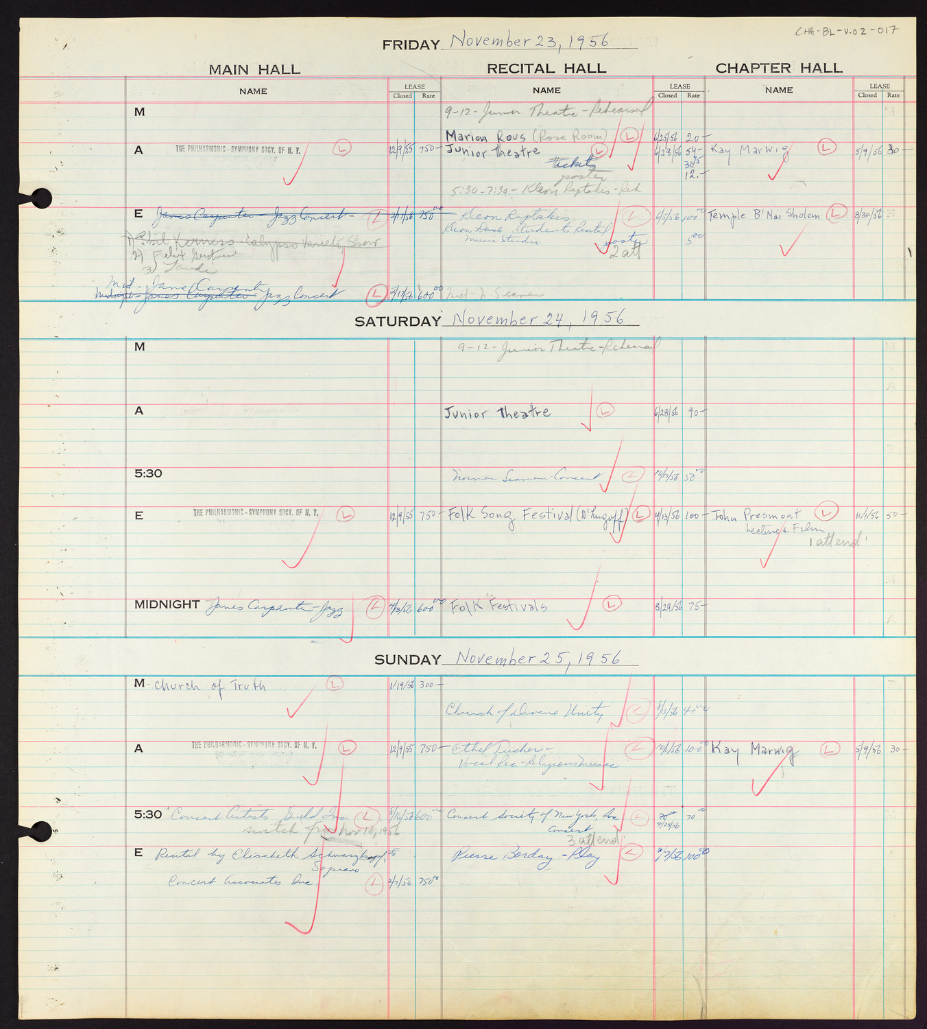 Carnegie Hall Booking Ledger, volume 2, page 17