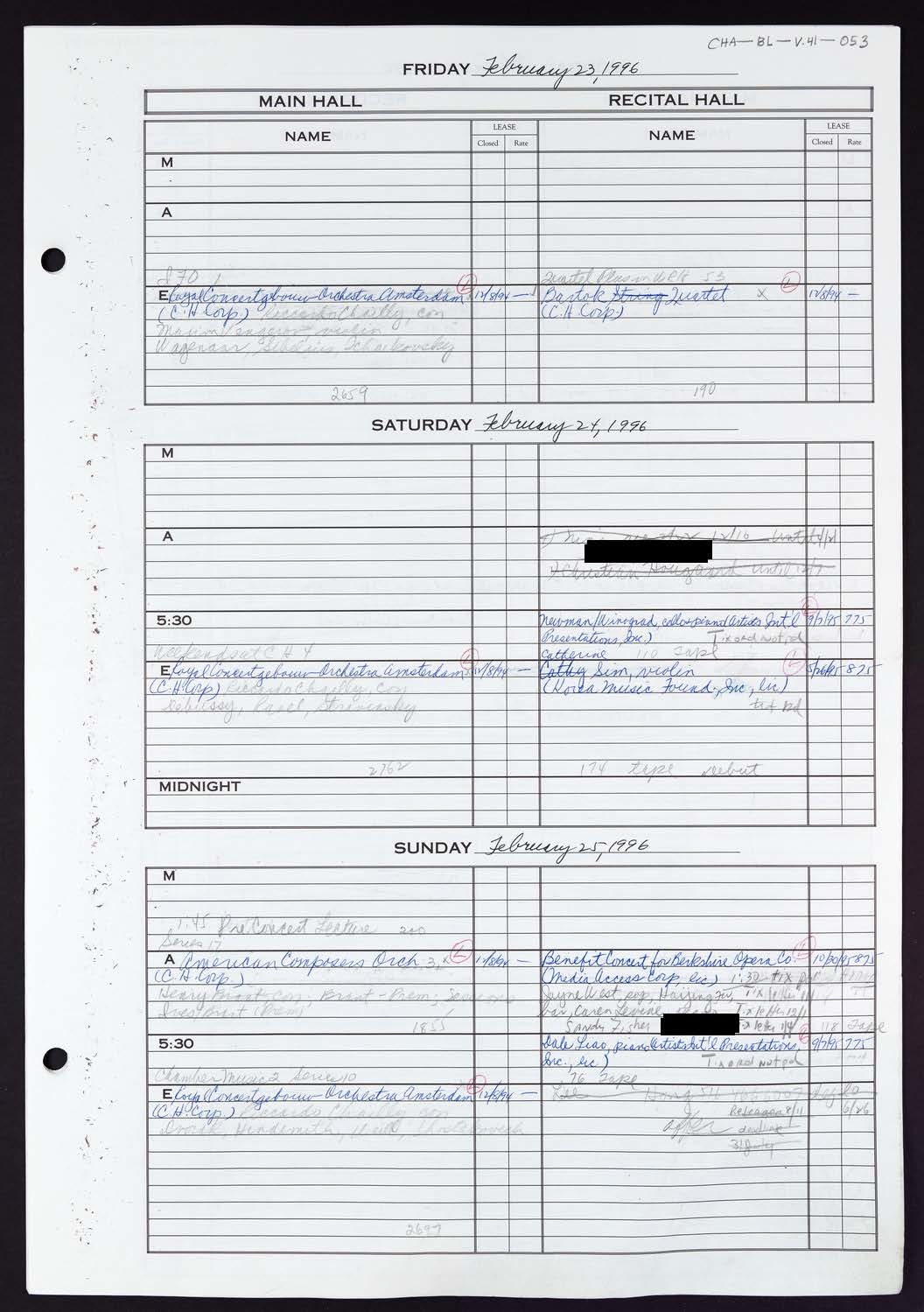 Carnegie Hall Booking Ledger, volume 41, page 53