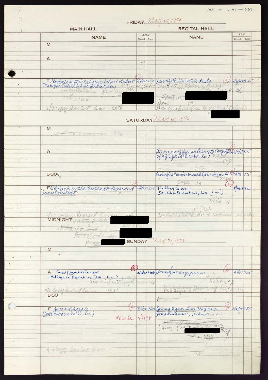 Carnegie Hall Booking Ledger, volume 43, page 81