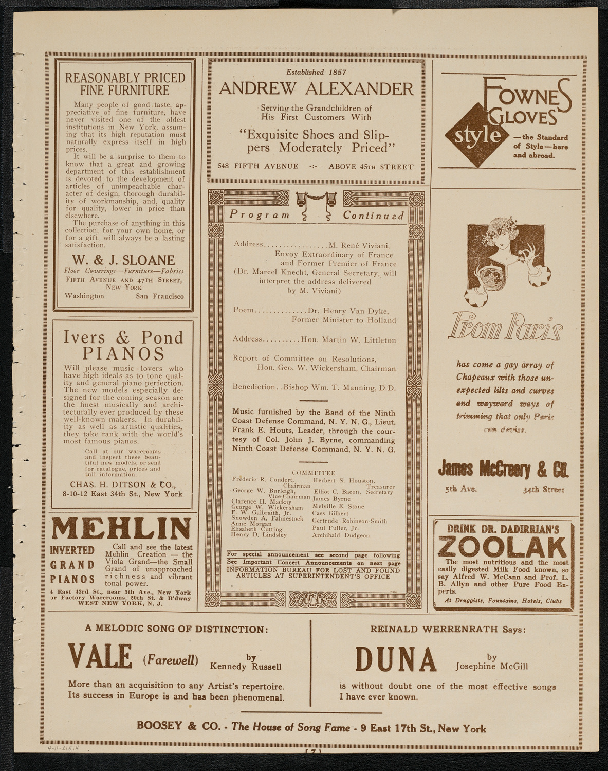 Meeting in Honor of René Viviani, April 11, 1921, program page 7