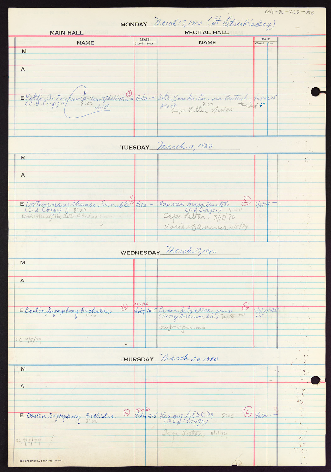 Carnegie Hall Booking Ledger, volume 25, page 58