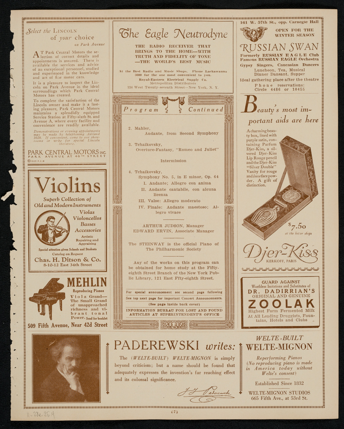 New York Philharmonic, November 28, 1925, program page 7