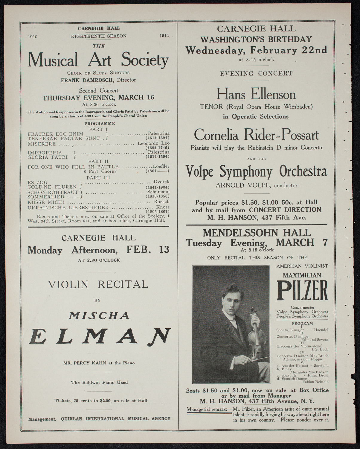 Volpe Symphony Society of New York, February 12, 1911, program page 10