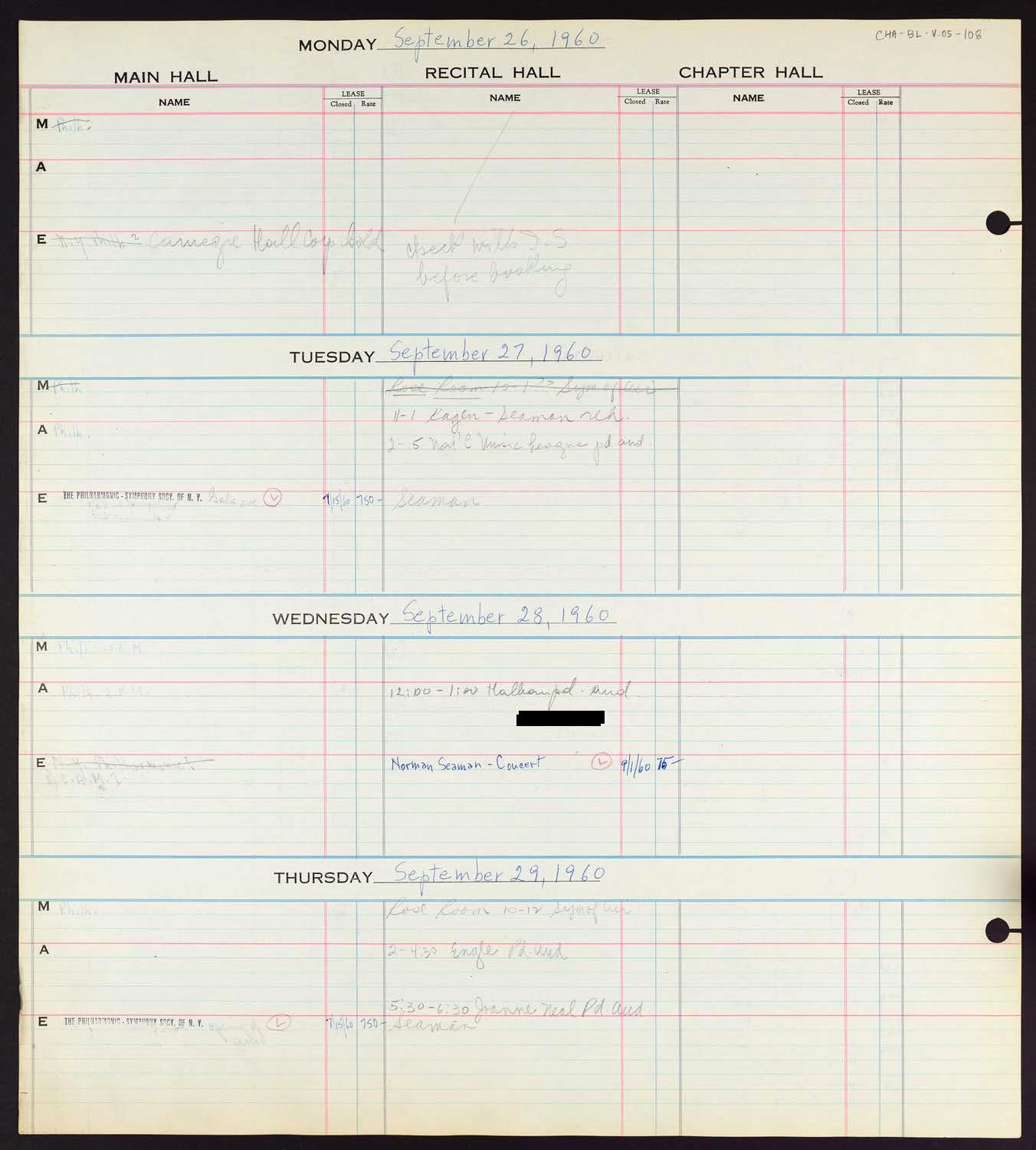 Carnegie Hall Booking Ledger, volume 5, page 108