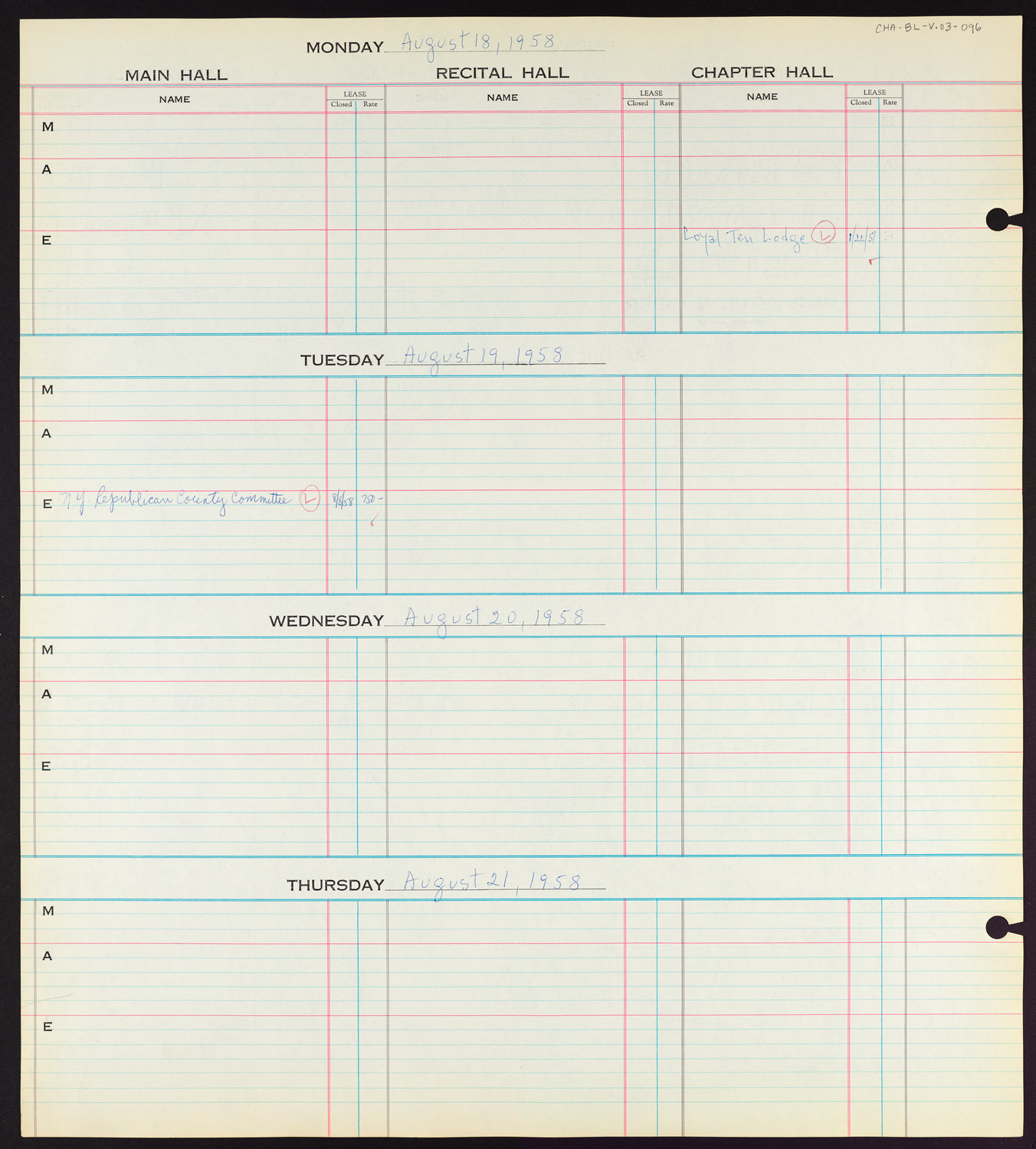 Carnegie Hall Booking Ledger, volume 3, page 96