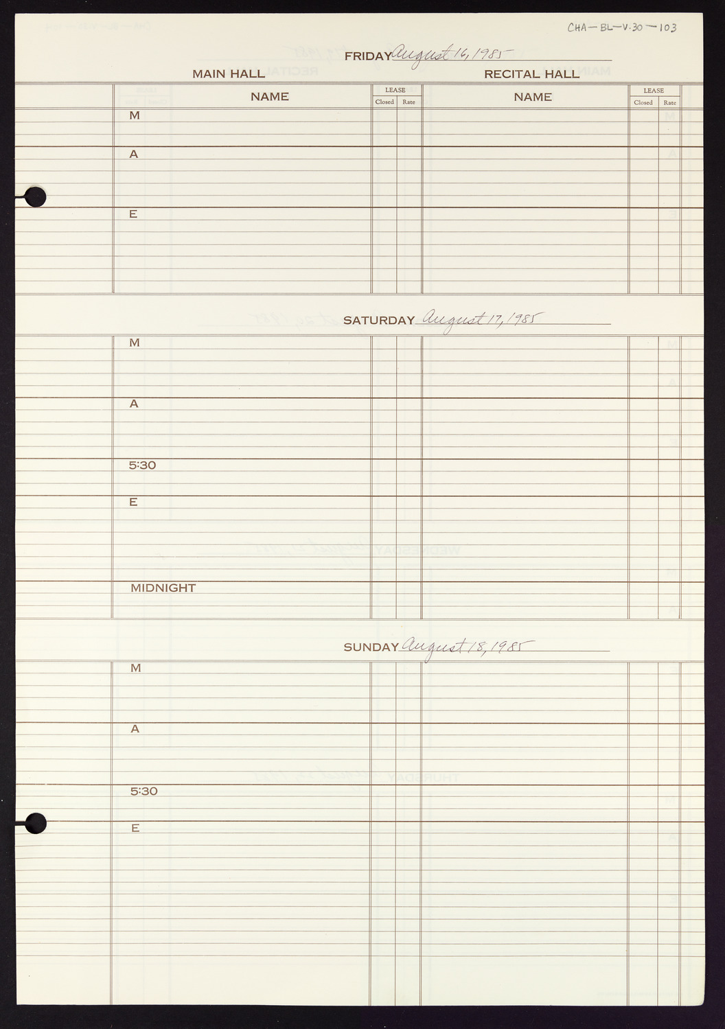 Carnegie Hall Booking Ledger, volume 30, page 103