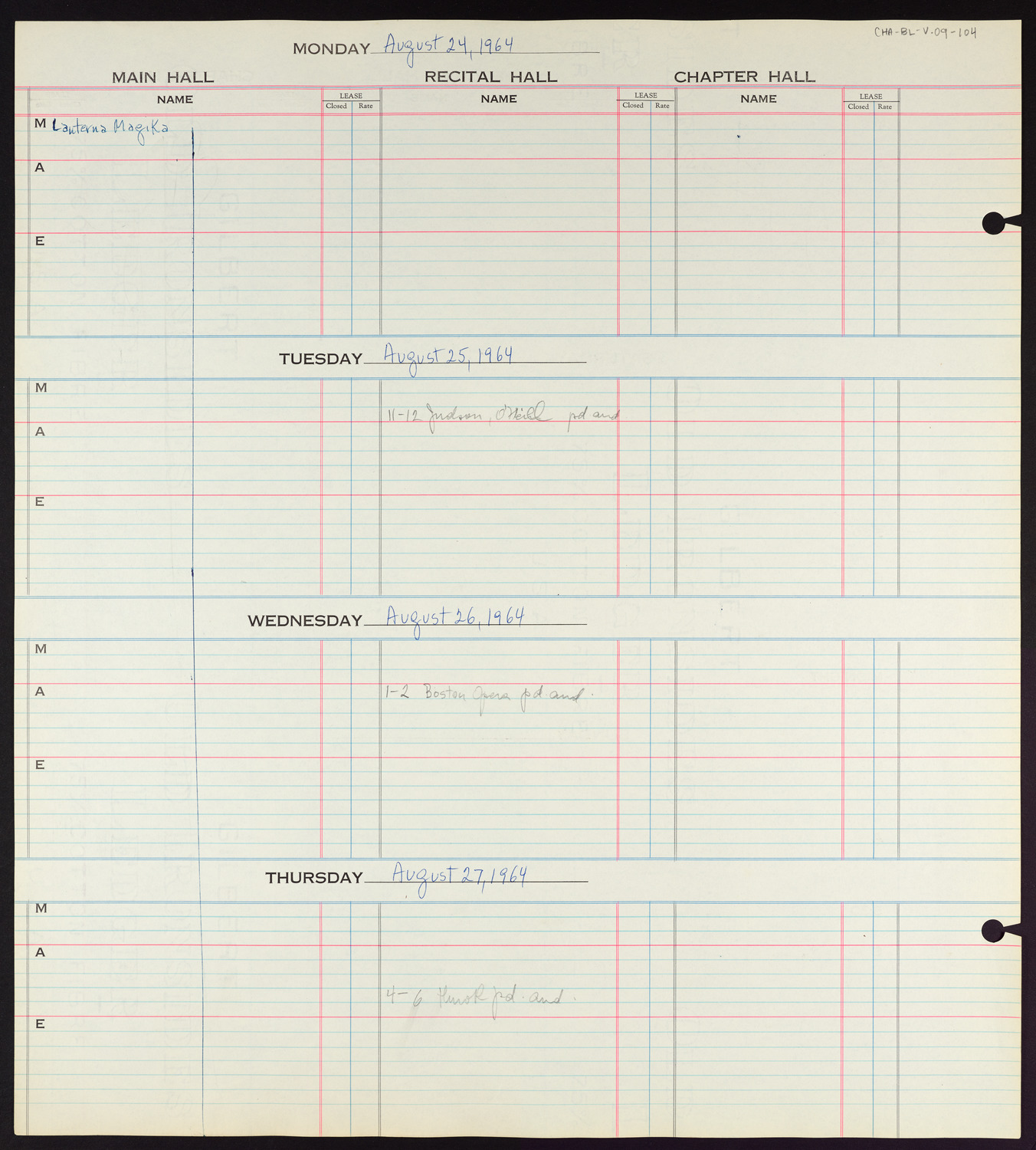 Carnegie Hall Booking Ledger, volume 9, page 104