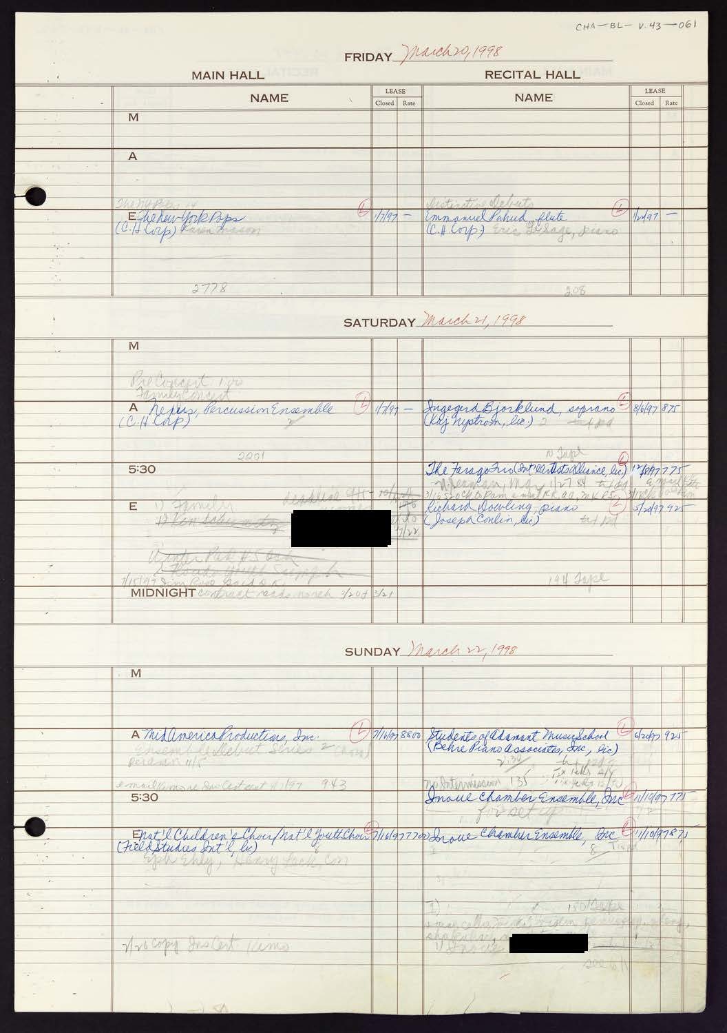 Carnegie Hall Booking Ledger, volume 43, page 61