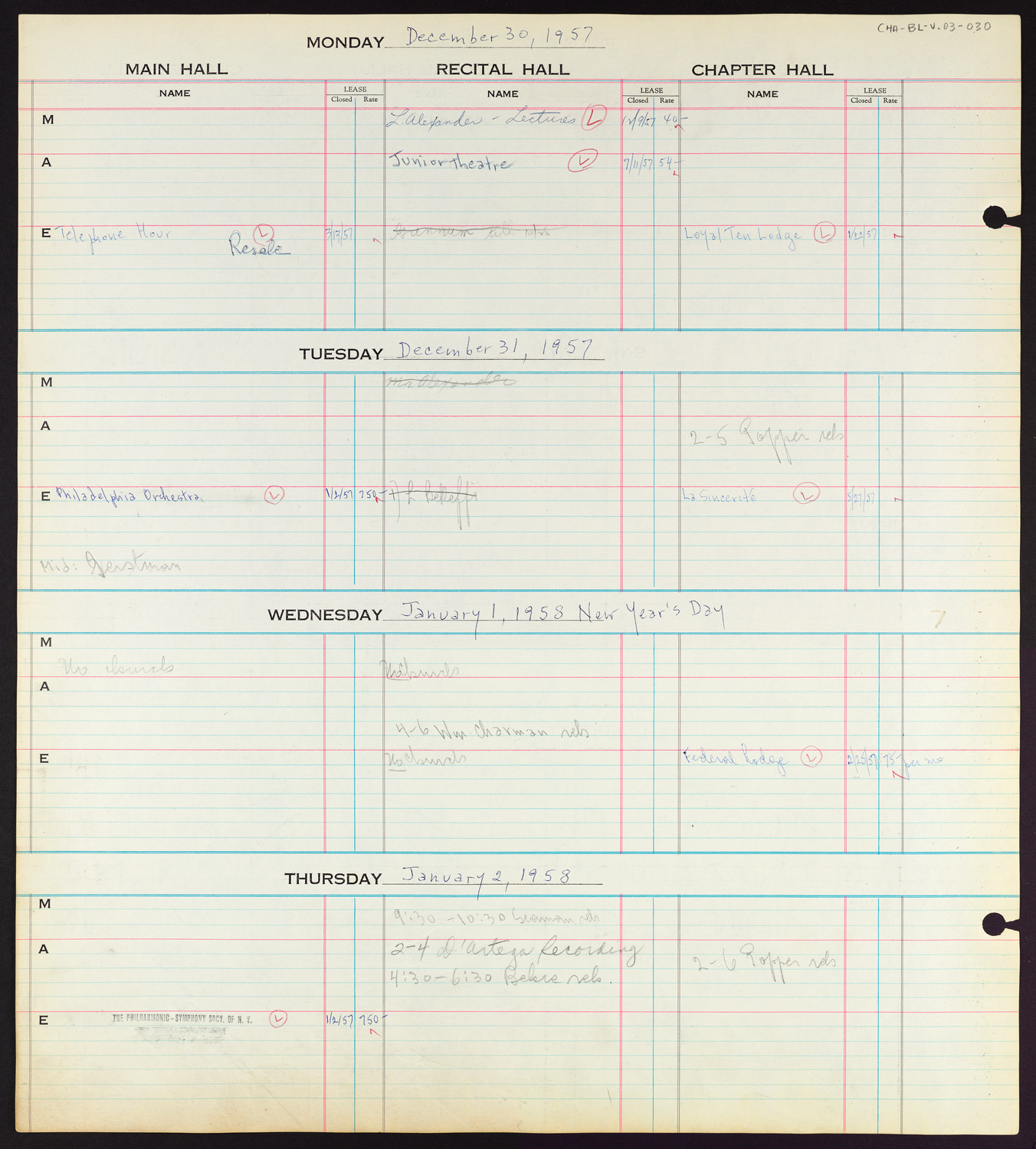 Carnegie Hall Booking Ledger, volume 3, page 30