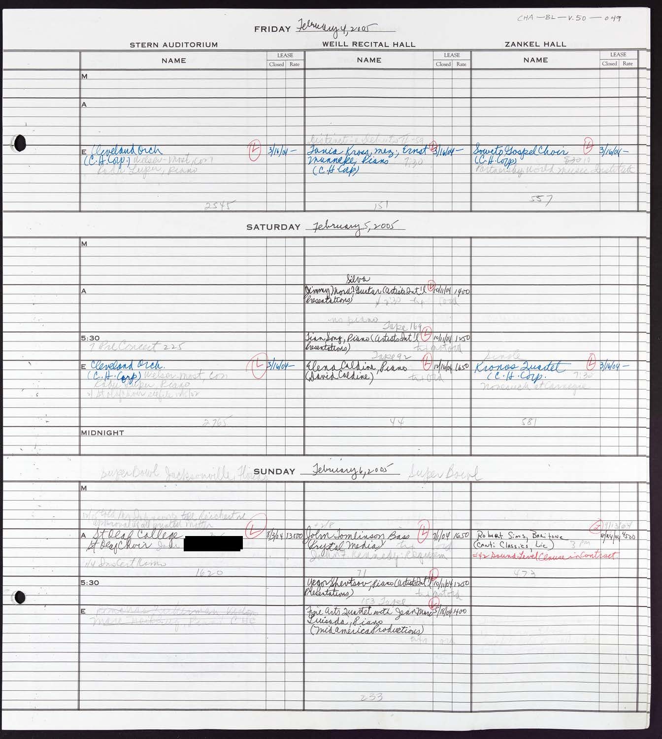 Carnegie Hall Booking Ledger, volume 50, page 49