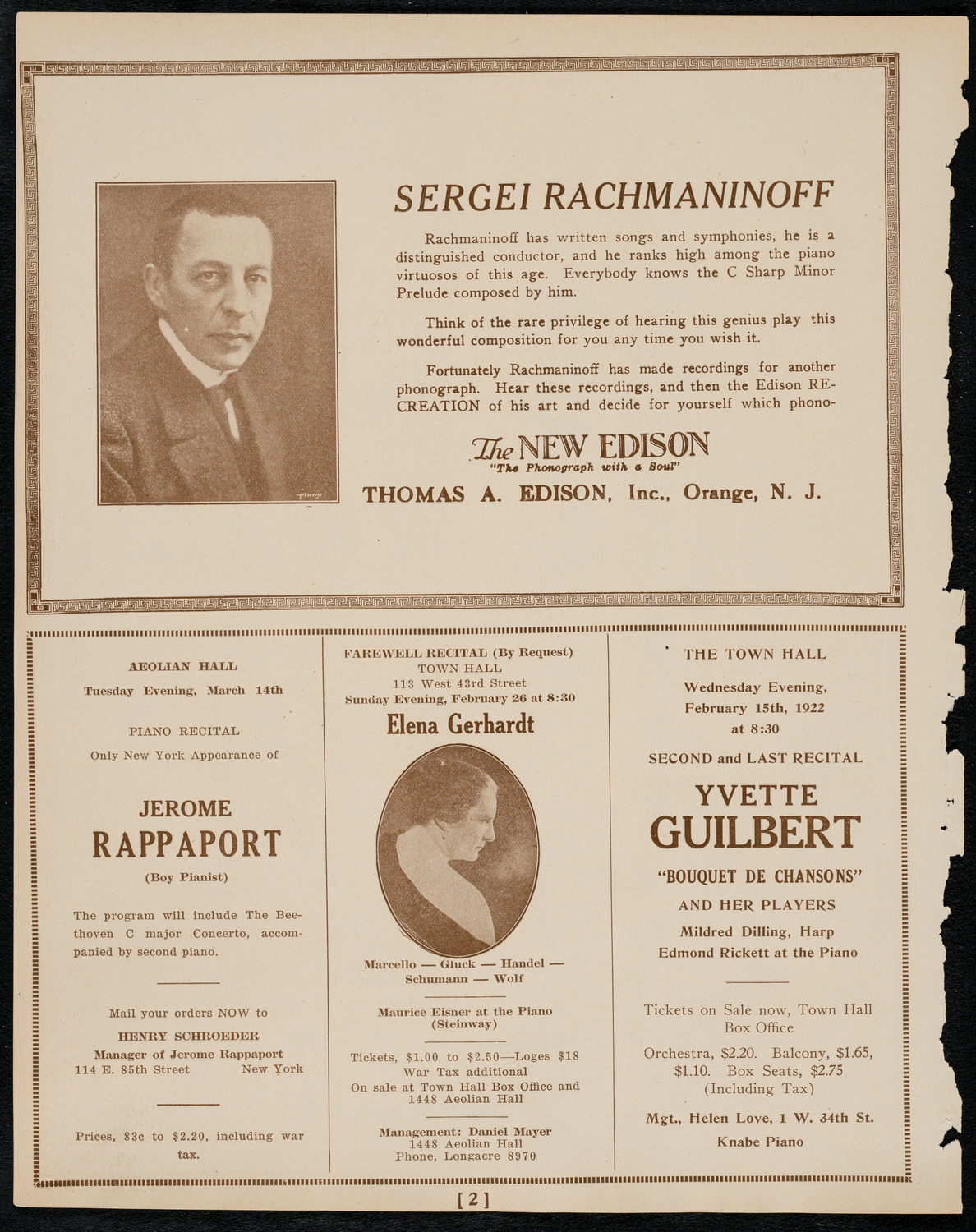 Jascha Heifetz, Violin, February 13, 1922, program page 2
