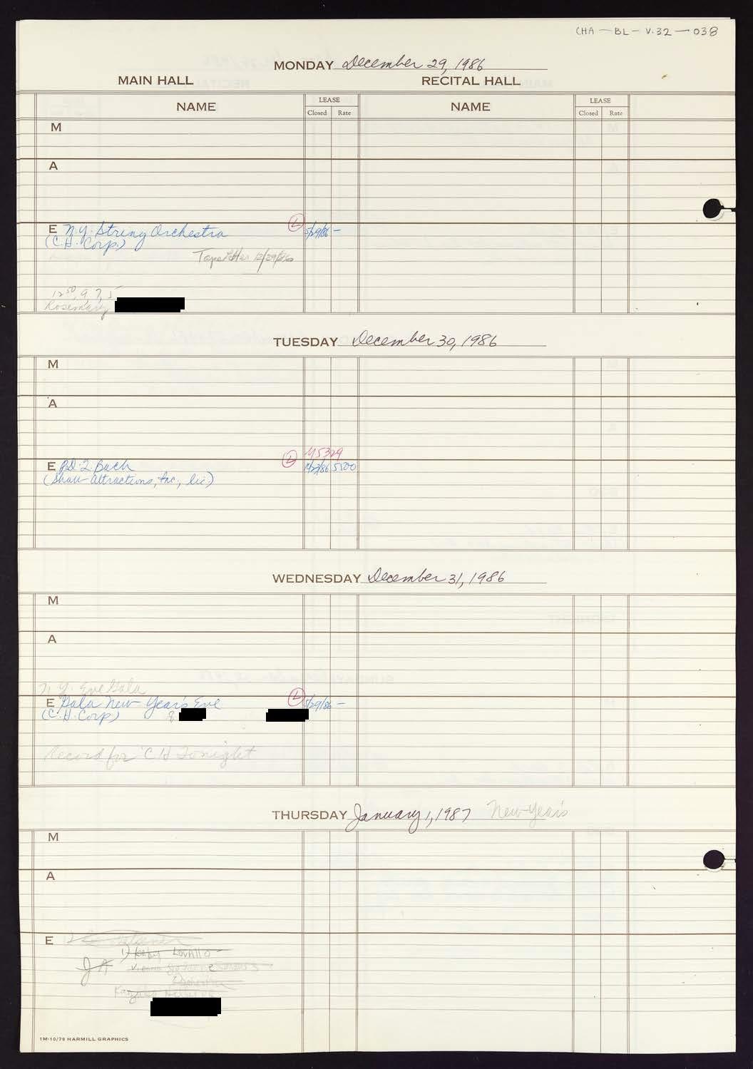 Carnegie Hall Booking Ledger, volume 32, page 38