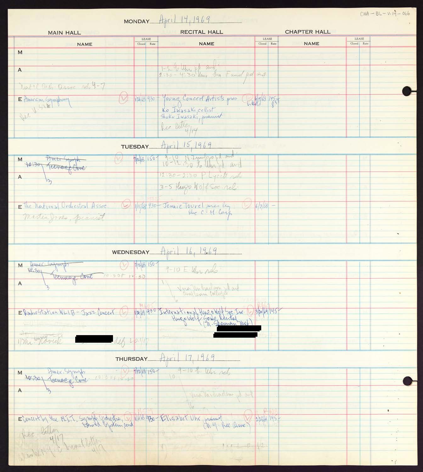 Carnegie Hall Booking Ledger, volume 14, page 66