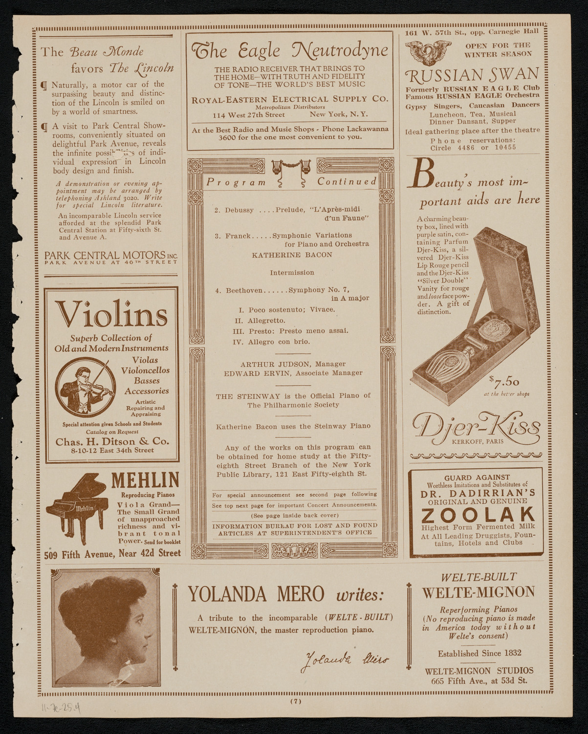 New York Philharmonic, November 7, 1925, program page 7