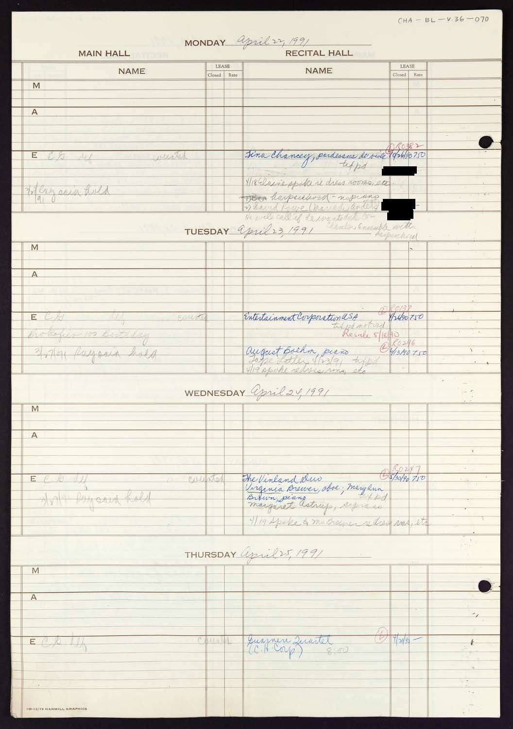 Carnegie Hall Booking Ledger, volume 36, page 70