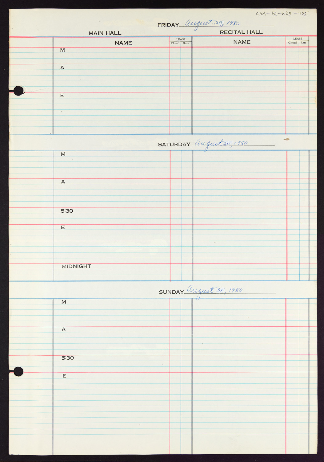 Carnegie Hall Booking Ledger, volume 25, page 105