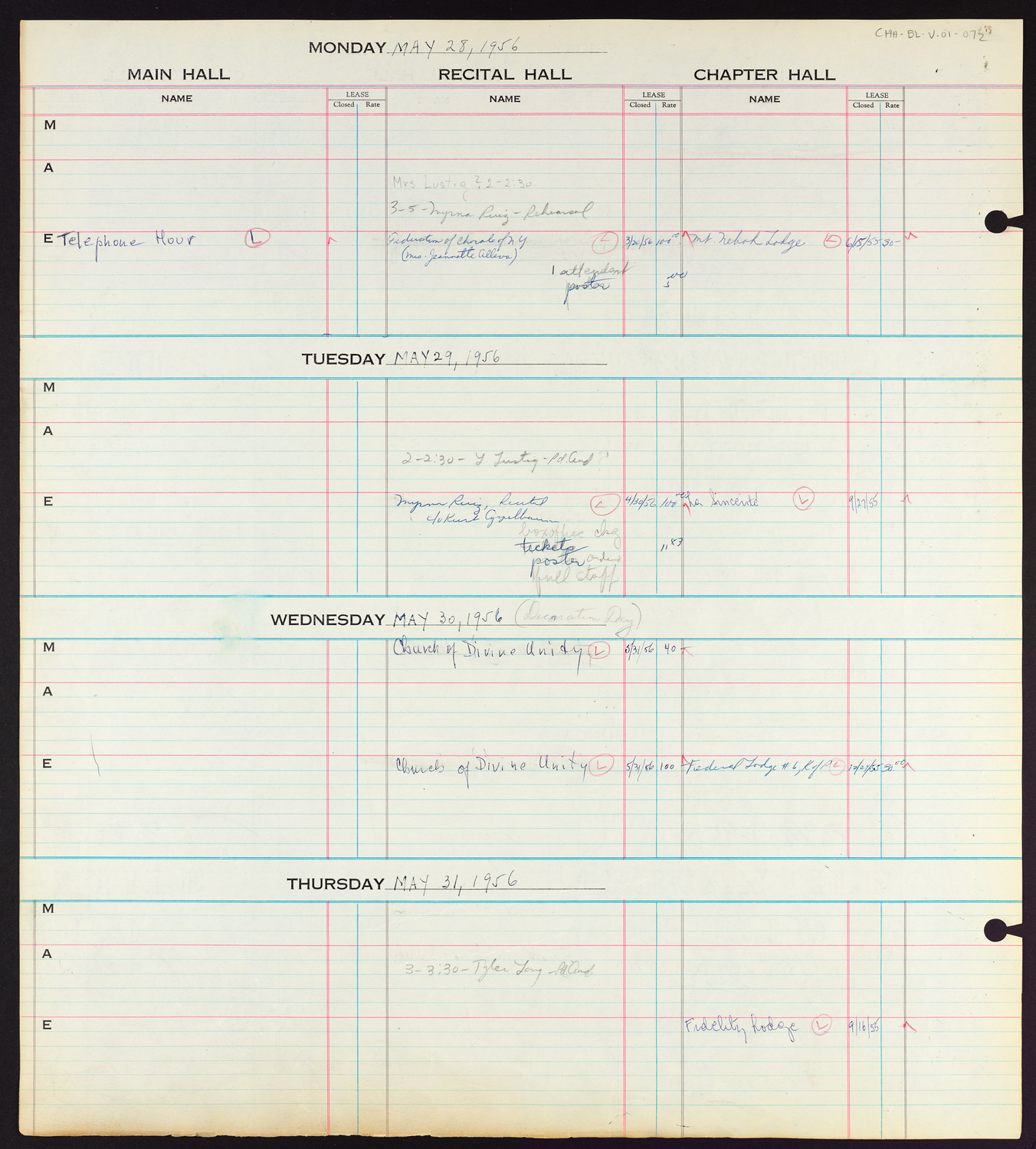 Carnegie Hall Booking Ledger, volume 1, page 72