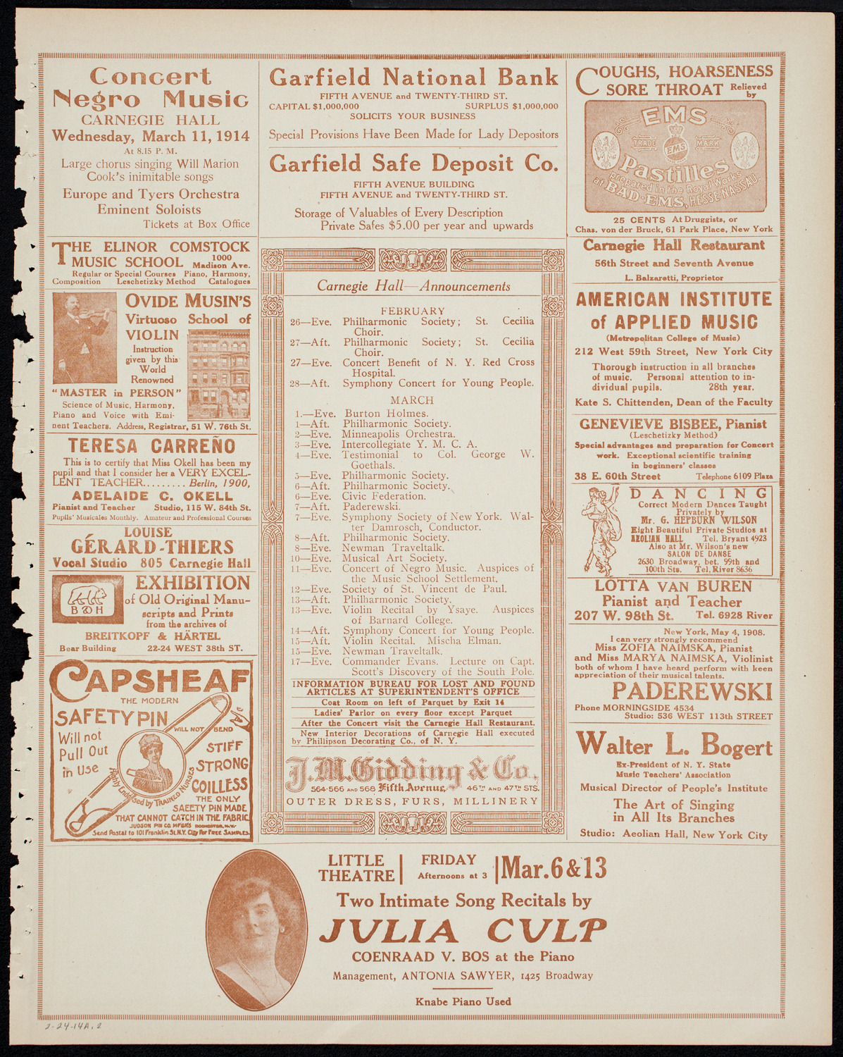 Julia Culp, Contralto, February 24, 1914, program page 3