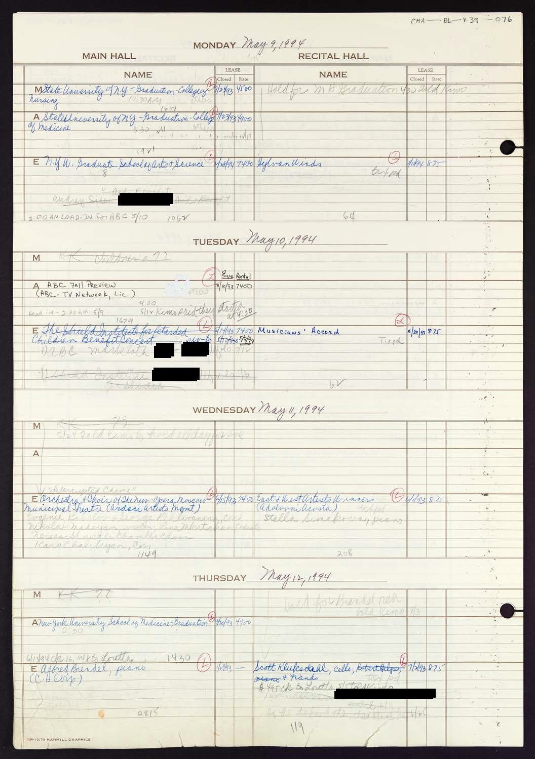 Carnegie Hall Booking Ledger, volume 39, page 76