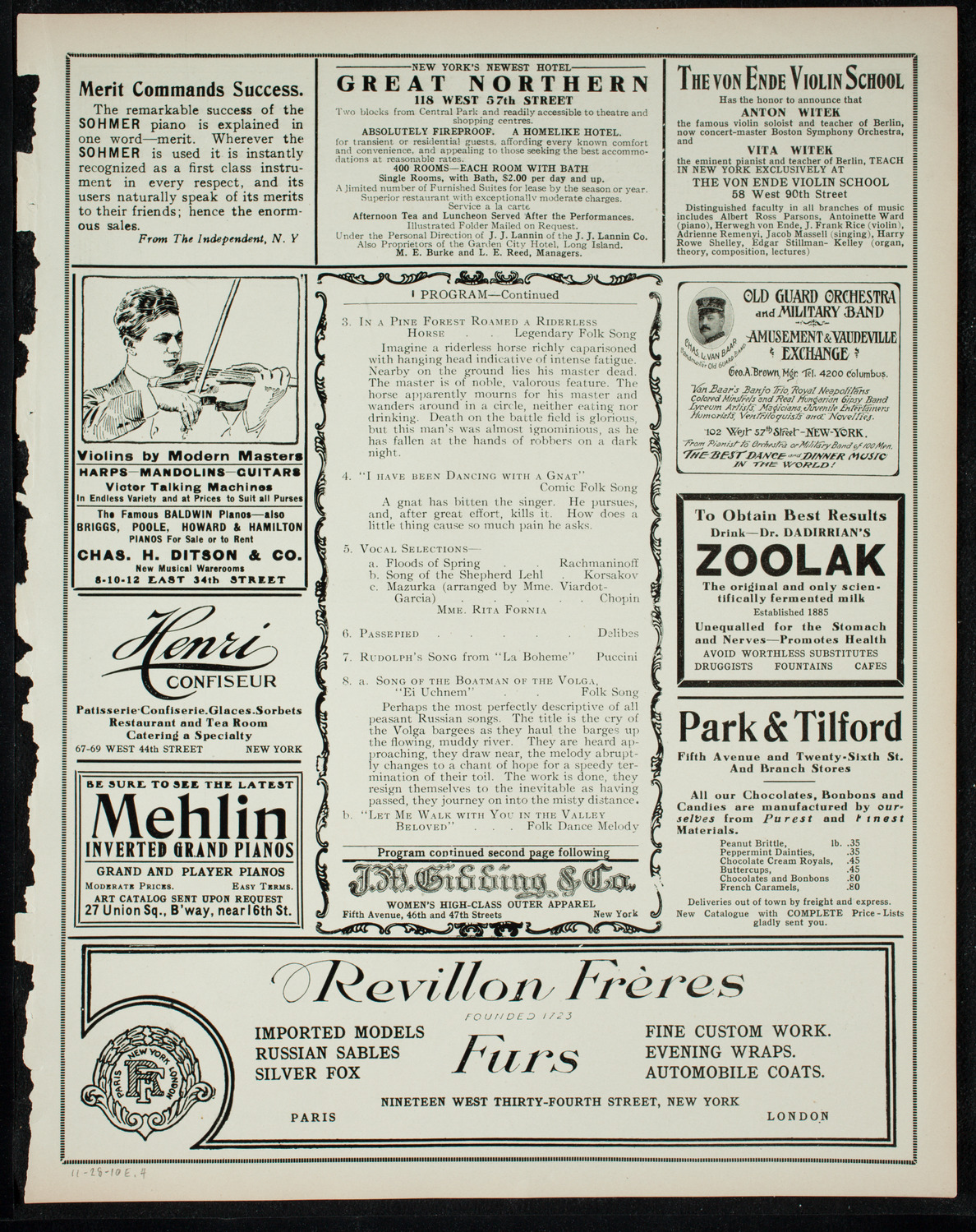 Great Imperial Russian Court Balalaika Orchestra, November 28, 1910, program page 7